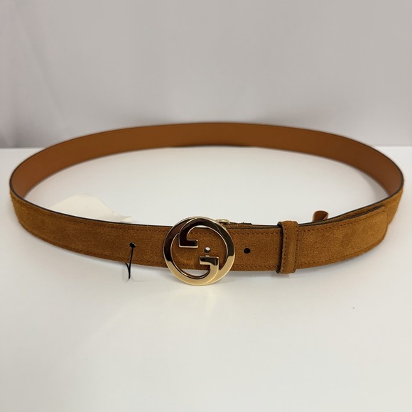 Gucci Suede Blondie Belt Cognac NWT GG Gold Interlocking Buckle Size 100
